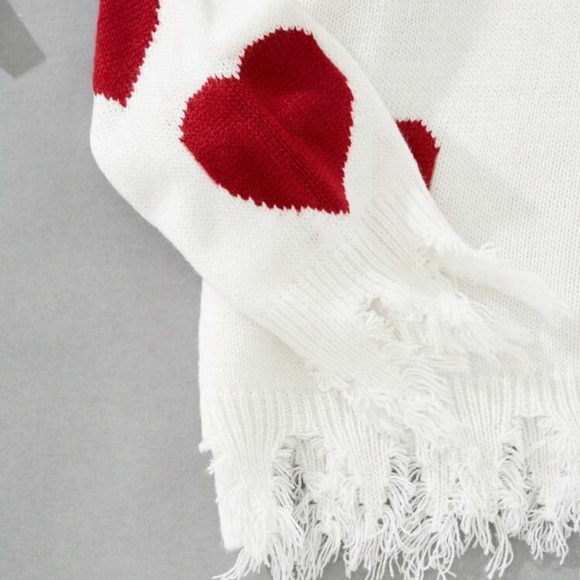 Women's Heart Pattern Ripped Sweater V Neck Distressed Knit Pullover Sweater - Picture 6 of 8